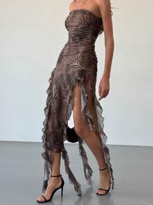 Aloruh 女士无肩带紧身高开衩荷叶边斑马纹连衣裙 - 棕色 - 查看 5