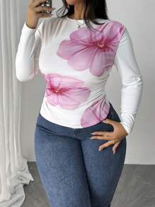 Firerie Plus Size Elegant & Comfy Floral Printed Mesh Round Neck Long Sleeve Versatile Women Top - White - View 5