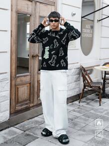 Manfinity Homme Herren lässiger Rundhals-Strickpullover mit Buchstaben- und Cartoon Dinosaurier Muster, Herbst/Winter