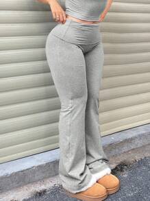 Plus Size Solid Color Minimal Waist Fold-Over Leggings, Casual Everyday Wear Spring - Light Grey - View 3