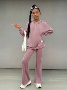 SHEIN Tween Girls' Casual Knit Hoodie & Sweatpants Set