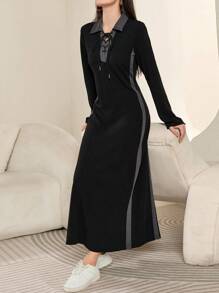 Mulvari Women's Color Block Collared Lace-Up Long Sleeve Casual Dress, Spring Autumn Maxi Women Outfit Fall Cloth For Women