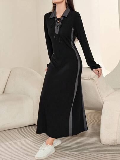 Mulvari Women's Color Block Collared Lace-Up Long Sleeve Casual Dress, Spring Autumn Maxi Women Outfit Fall Cloth For Women