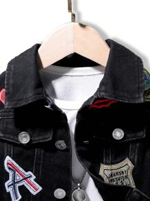 男婴酷炫街头风格薯条刺绣破洞休闲宽松舒适黑色牛仔夹克