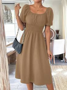 Rafferiza Spring/Summer Green Square-Neck Puff Sleeve Dress With Cinched Waist For Women - Khaki - View 4