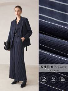 BizChic 女士优雅通勤条纹翻领长袖西装外套，秋冬圣诞节 - 藏蓝色 - 查看 3