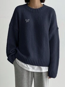 DAZY Round Neck Casual Long Sleeve Sweater With Butterfly Embroidery,Fall Women Clothes - Navy Blue - View 2