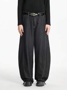 NEON BLANC 男士休闲阔腿宽松编织街头风格牛仔裤 - 黑色 - 查看 2