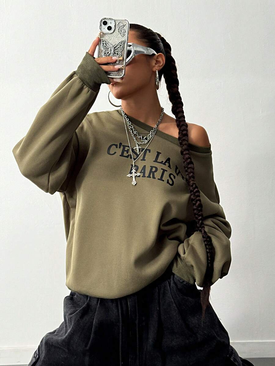 SHEIN Unity 女士简约印花长袖休闲套头卫衣，秋季款 - 軍綠色 - 查看 1