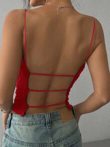 SHEIN EZwear 1pc Red Knitted Backless Women Tank Top - Red - View 3