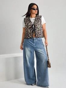 SHEIN ICON 大码女式短款豹纹背心，秋季夹克 - 彩色 - 查看 4