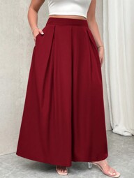 Firerie ポケット付き、ウエストゴム仕様のハイウエスト マキシプリーツAラインスカート、グレー、プラスサイズ、秋の学校に適している