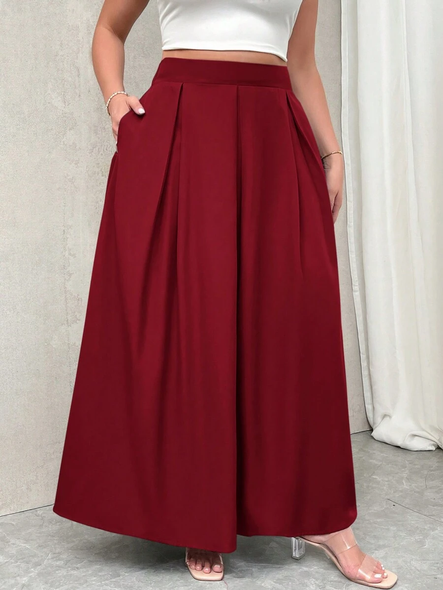 Firerie Plus Size Women Gray High-Waisted Maxi Pleated A-Line Skirt With Pockets And Elastic Waist, Back To School Spring To Summer - Red - View 1