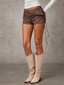 SHEIN BAE Shorts para mujer con detalle de ojales y amarre a los lados de la cintura, color chocolate