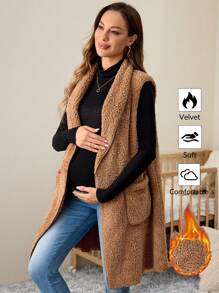 SHEIN Maternity Dual Pocket Shawl Collar Open Front Teddy Vest Coat, Autumn Winter - Khaki - View 1