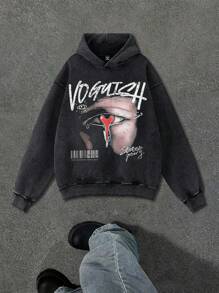 Manfinity ZONE917 Sudadera con capucha de caída de hombros negra con lavado de nieve, estampado de texto y grafiti vintage de estilo callejero con ojos rojos para el Día de Muertos y Halloween, para hombre, de gran tamaño