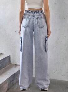 SHEIN Explorewe 青少年女孩街头服饰深色休闲星星印花洗水牛仔直筒工装牛仔裤