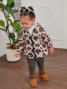 SHEIN Leap Crew Mommy And Me Baby Girl Cute Hooded Leopard Print Fleece Jacket, Autumn Winter - Multicolor - View 7