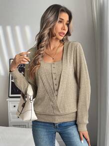 SHEIN LUNE Square Neck Button Front Tee - Khaki - View 5