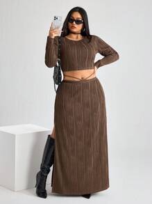 SHEIN ICON ICON Damen Große Größen Braun Rundhals Langarm Bodycon Kleid mit Schlitz im Rock 2-teiliges Set - Kaffeebraun - Übersicht 1