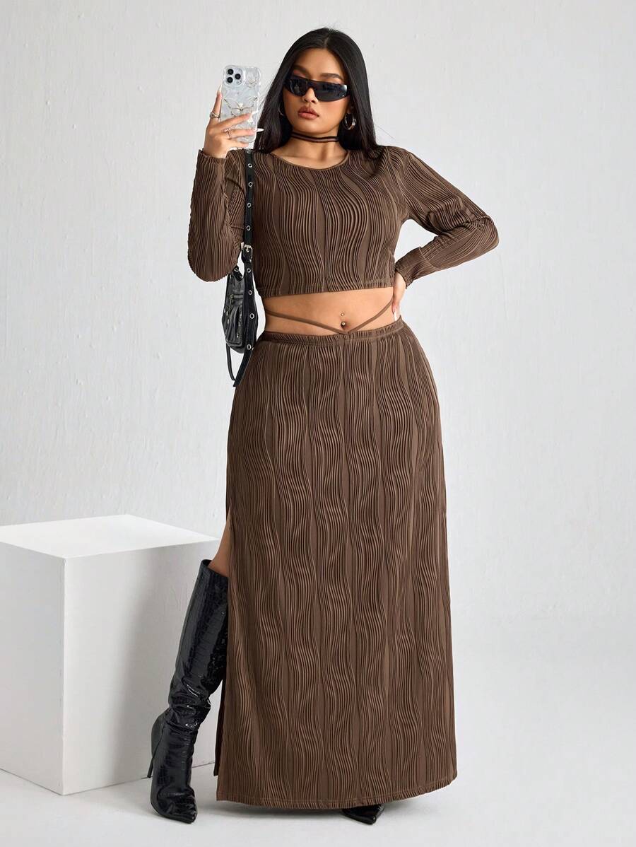 SHEIN ICON ICON Damen Große Größen Braun Rundhals Langarm Bodycon Kleid mit Schlitz im Rock 2-teiliges Set - Kaffeebraun - Übersicht 1