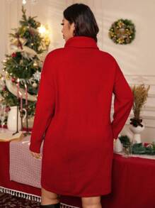 SHEIN LUNE Vestido sudadera de cuello alto con estampado navideño de dibujos animados talla grande para mujer, ropa de otoño e invierno - Rojo - Ver 2
