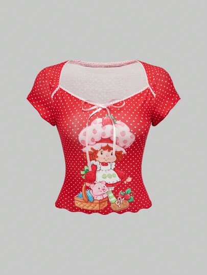 Camiseta ajustada de verano con cuello de corazón, borde con esclavina y estampado de lunares y personaje de dibujos animados lindo