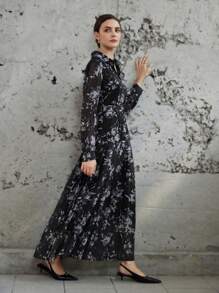 Aveloria Modichic Vestido de manga larga con estampado de gasa floral, cintura ceñida, cuello y puños con volantes - Multicolor - Ver 5
