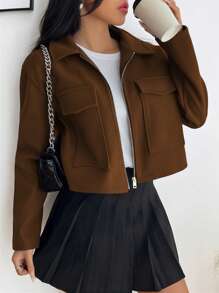 INAWLY Women's Solid Color Long Sleeve Utility Pocket Casual Short Jacket For Autumn/Winter - Coffee Brown - View 3