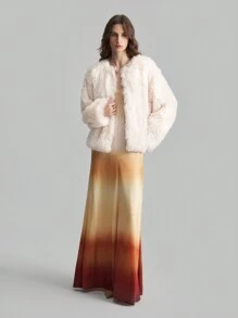 Ontre Women's Long Sleeve Round Neck Fluffy Jacket, Apricot Color Furry Long Coat For Autumn/Winter