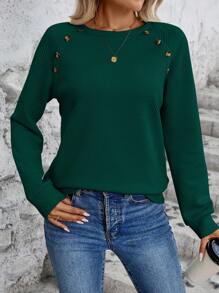 SHEIN LUNE Áo nỉ tay raglan màu trơn giản dị thiết kế nút, mùa thu - Màu xanh lá cây đậm - Xem 5