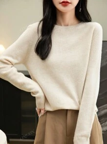 Pull col rond pour femmes, manches longues, tricoté, doux et chaud, pull-over pour l'automne et l'hiver
