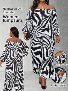 SHEIN Lady Autumn Women Jumpsuits,White Bishop Sleeve Off Shoulder Pants Halloween Costumes Plus,Girlism Casual Night Out Club Party Black Jumpsuit With Pocket - Black and White - View 1