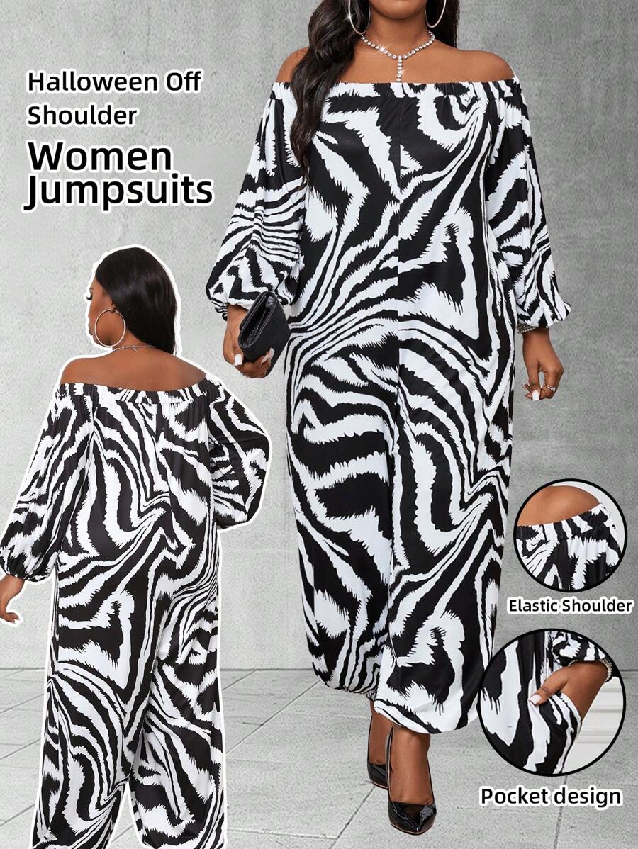 SHEIN Lady Autumn Women Jumpsuits,White Bishop Sleeve Off Shoulder Pants Halloween Costumes Plus,Girlism Casual Night Out Club Party Black Jumpsuit With Pocket - Black and White - View 1
