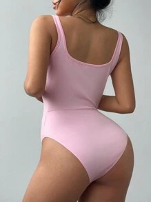 Aloruh Women's Solid Color V-Neck Sexy Fashionable Bodysuit - Pink - View 3