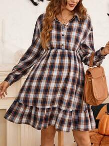 SHEIN Maternity Women Brown Plaid Button Ruffle Hem Dress, Autumn Winter Pregnancy Dresses For Teachers Back To School, Fall Clothes - Brown - View 8