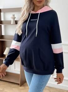 SHEIN Pregnant Women's Casual Color Block Letter Printed Drawstring Hooded Sweatshirt, Autumn, For Maternity, For Winter