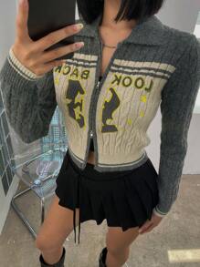 DAZY Women's Fitted Contrast Color Letter Print Cardigan,Fall Clothes - Black - View 7