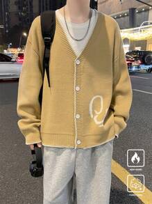 Claim Dot Men's Graphic V-Neck Dropped Shoulder Casual Loose Cardigan, Fall/Winter - Apricot - View 4