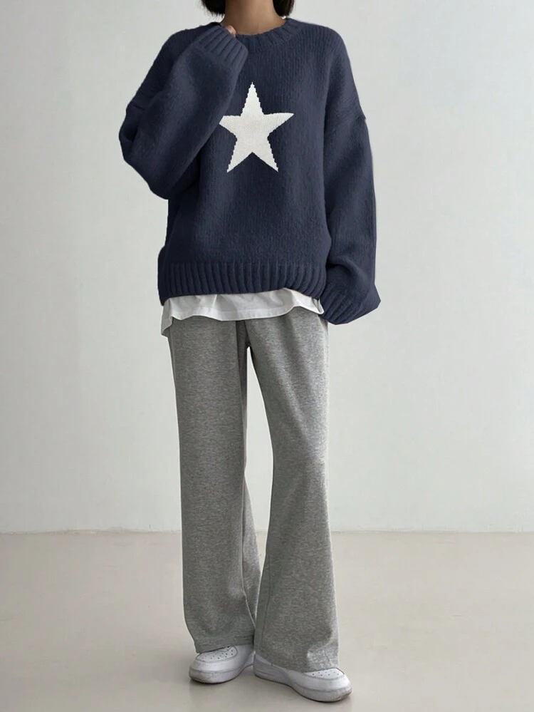 Women's Casual Star Pattern Drop Shoulder Loose Pullover Sweater,Long Sleeve Tops,Fall Women Clothes
