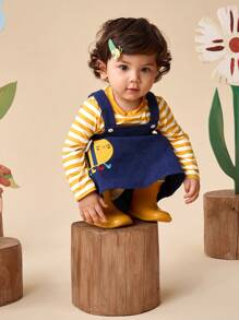 SHEIN Baby Girl 2pcs Cute Long Sleeve Striped Print Top And Bee Embroidered Overall Dress Casual Fashion Outfit, Suitable For Fall - Navy Blue - View 5
