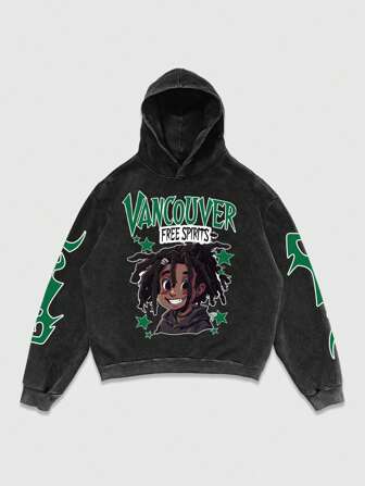 Street Life Sudadera con capucha de manga larga con estampado de personaje de caricatura para hombres