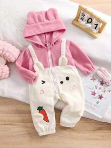 Baby Girl Hooded Plush Warm Cute Rabbit Pattern Casual Fashionable Colorblock Jumpsuit, Fall/Winter Clothes