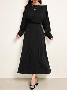 Modelyn Vestido casual de unicolor con cuello asimétrico para mujer, otoño