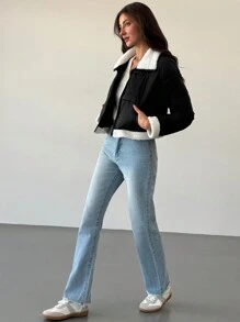 Aloruh 简约百搭通勤羊毛混纺防风保暖短款长袖修身黑色女士棉服外套 - 黑與白 - 查看 5