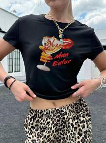 INAWLY Áo thun nữ cổ tròn tay ngắn in chữ và môi mùa hè - màu đen - Xem 3