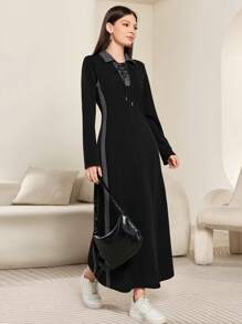 Mulvari Women's Color Block Collared Lace-Up Long Sleeve Casual Dress, Spring Autumn Maxi Women Outfit Fall Cloth For Women