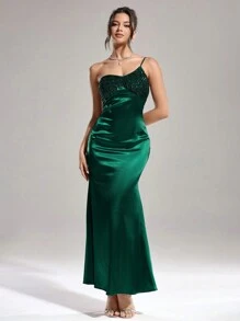 SHEIN Belle Women's Solid Color Spaghetti Strap Sequin Decoration Long Cocktail Dress, Prom Semi Formal Dress, For Birthday, Wedding Guest, Graduation, Dinner, Homecoming, Christmas