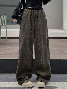 DAZY Women's Leopard Print Elastic Waist Loose Wide Leg Jeans - Coffee Brown - View 4