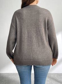 SHEIN Privé Plus Size Casual Elegant Simple Gray Long Sleeve Crew Neck Tie Cardigan For Women, Fall/Winter